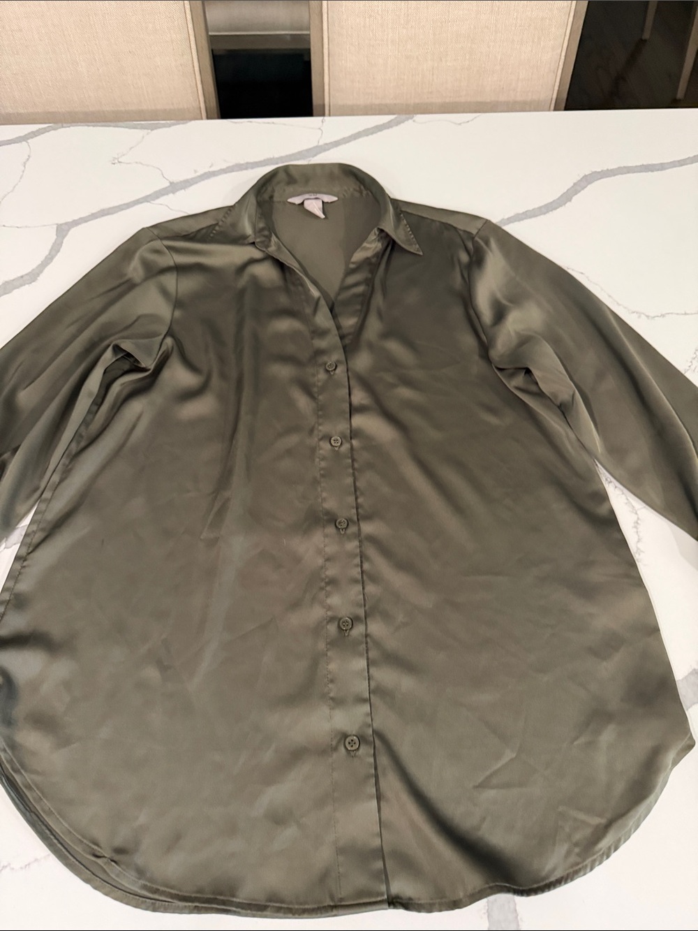 H&M women’s Olive Green Satin Button-Up Shirt